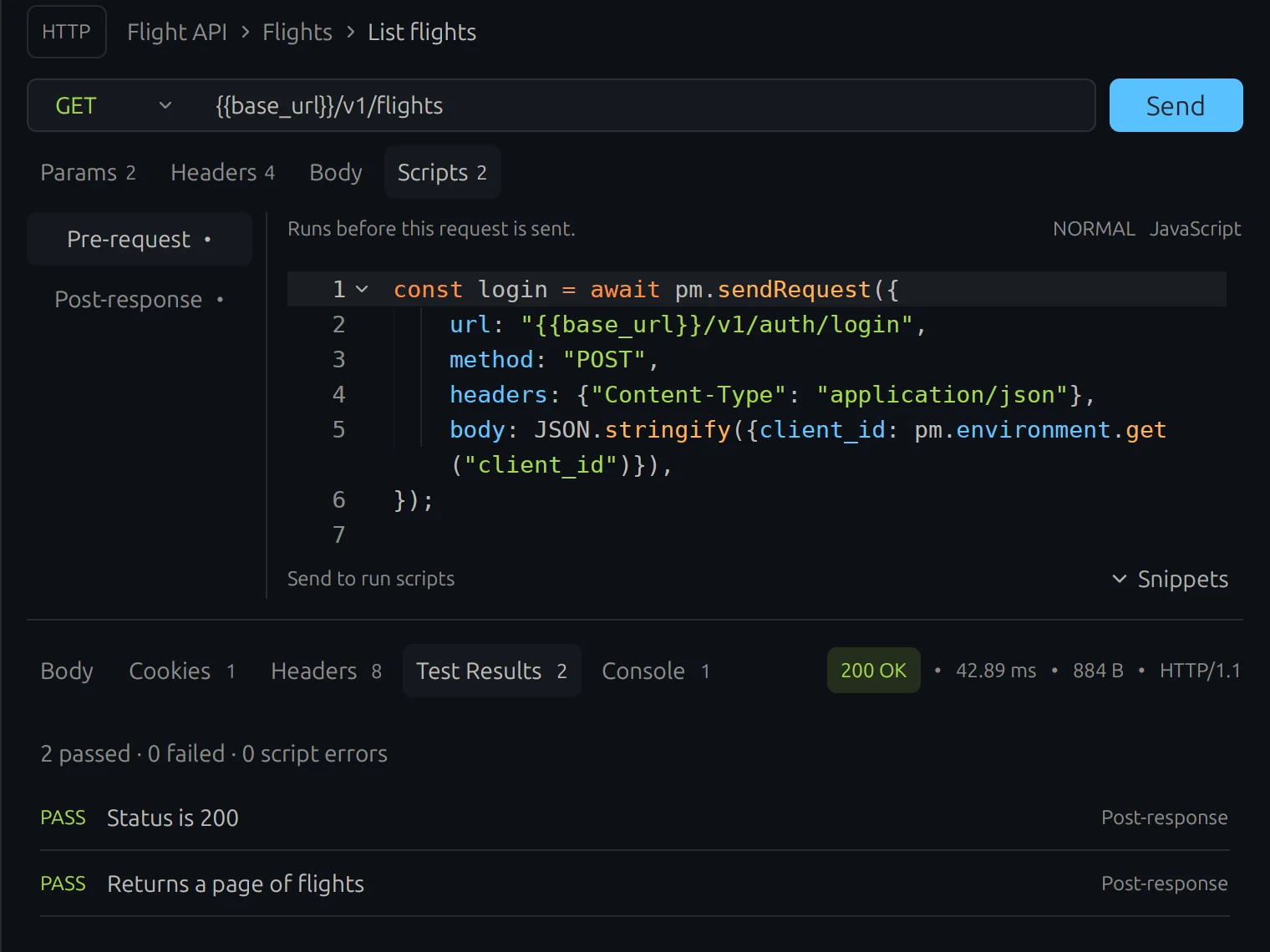 Script editor with a pre-request script and two passing tests in the response panel.