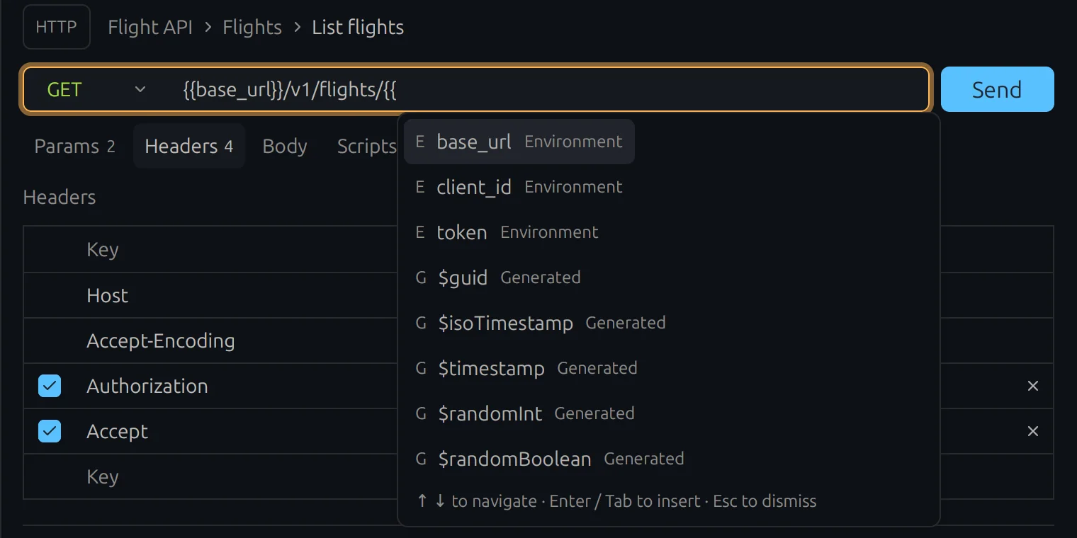 Variable completion menu listing environment and generated variables.